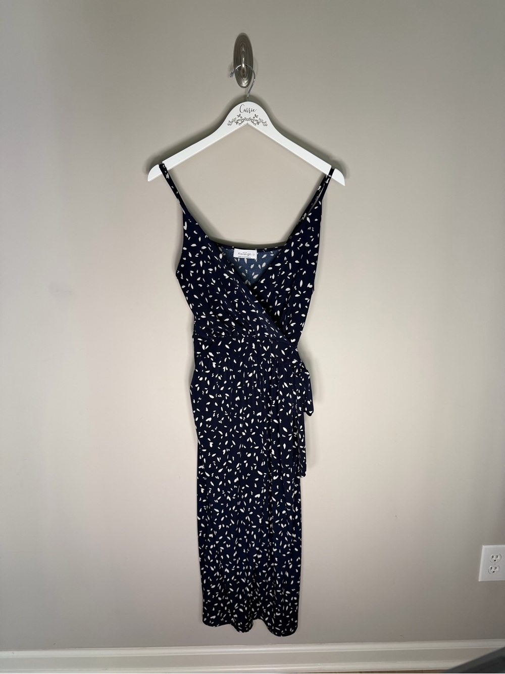 Kaileigh Navy White Print Wrap Midi Romper Size L